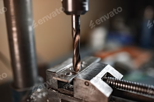 Preview: Drilling process with shavings close-up at the workplace in workshop