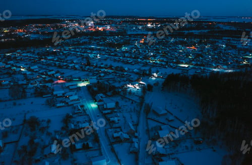 Preview: Aerial View Of Town Skyline Winter Night. Snowy Landscape Cityscape Skyline
