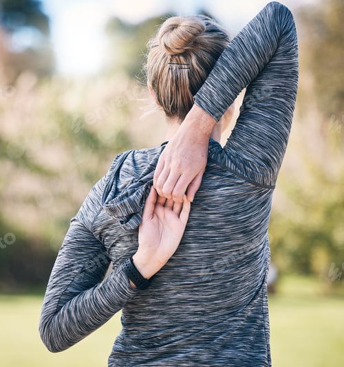 Preview: Back of woman, fitness and stretching arms for exercise, training and sports in park. Female athlet