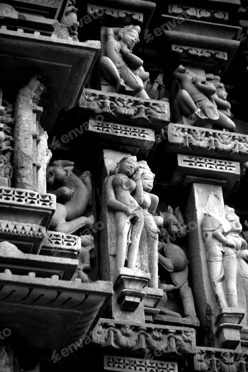 Preview: Stone carving sculptures on Khajuraho Temple, a UNESCO world Heritage site, India.