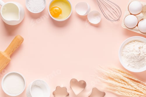 Preview: Ingredients for baking on light pink background.
