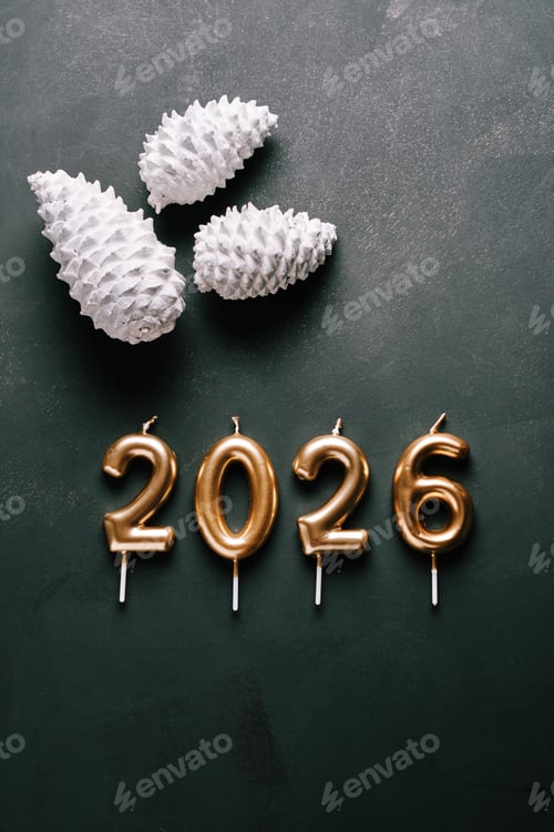 Visualização: Velas douradas festivas para comemorar o Ano Novo em 2026 com pinhas