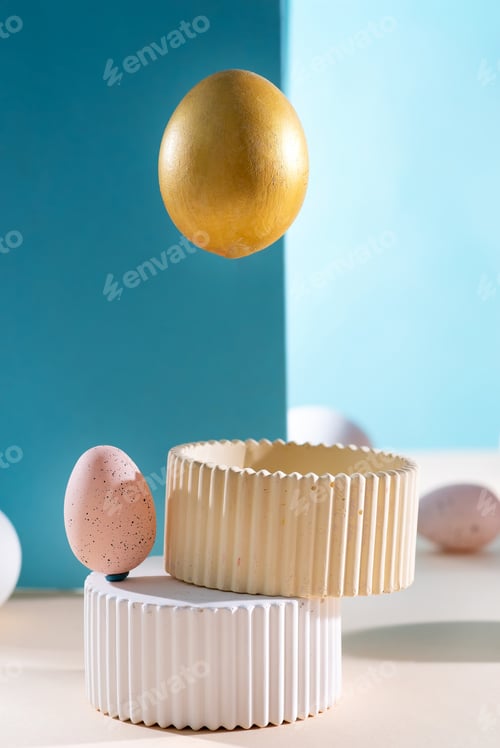 Preview: Easter background. Levitating Easter golden egg composition and white eggs on a blue background