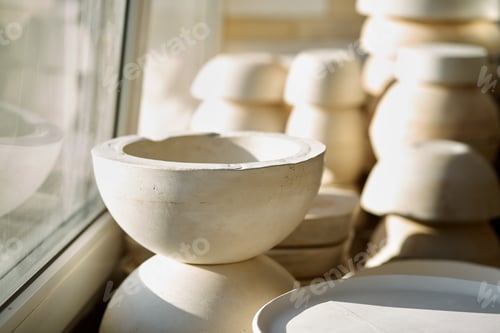 Preview: Manufacture of ceramic products, workpiece. Beautiful background with ceramic pieces