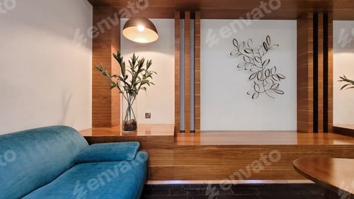 Preview: Modern living room interior with plant and blue sofa in frame
