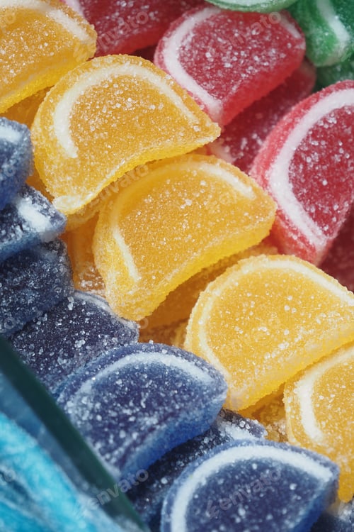 Preview: Colorful fruit-shaped candies arranged in a tempting display