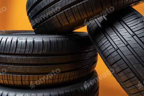 Preview: Car tires isolated on yellow background, close up