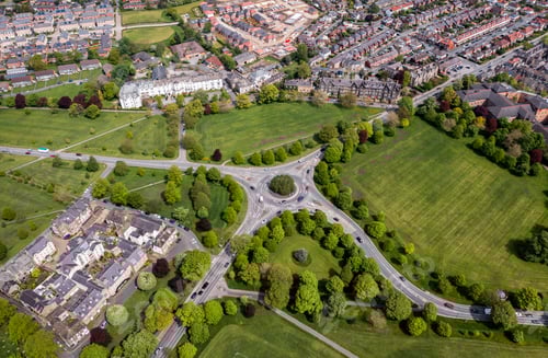 Preview: Aerial view directly above a countryside ltraffic roundabout in Harrogate