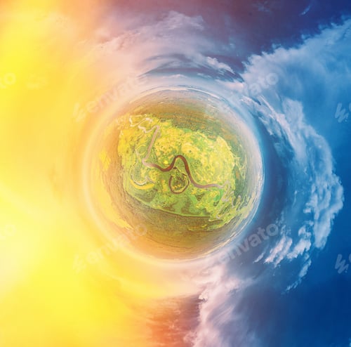 Visualização: pequena vista do planeta Floresta verde e paisagem fluvial No ensolarado verão, pôr do sol, pôr do sol, nascer do sol. Linda