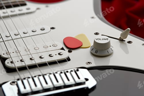 Preview: Electric guitar closeup, red background, nobody