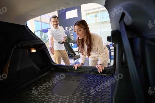 Preview: Friendly salesperson demonstrating automobile interior to buyer