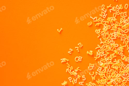 Preview: Pasta Alphabet (Set Of Ingredients, Raw Pasta) Serving Second Course. Top Food Background. Copy