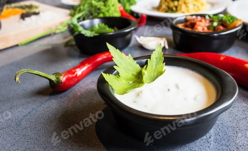 Preview: Close shot of a white soup with a vegetable leaf in a bowl near red pepper and garlic