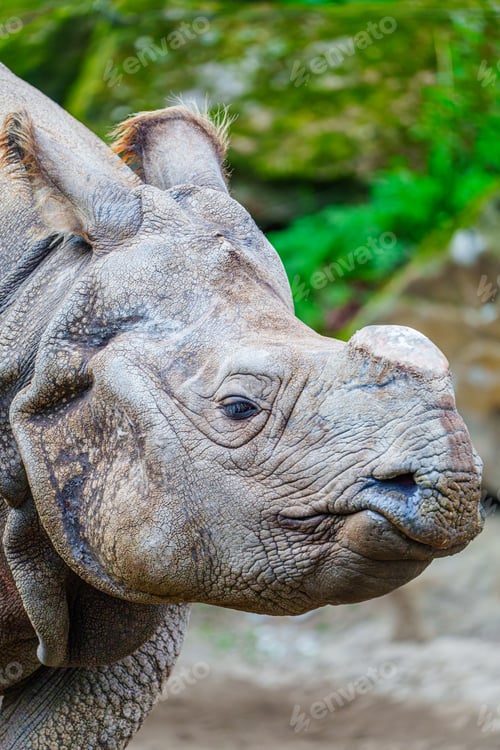 Preview: Close-up of a Rhinoceros with a Cut-off Horn, Protecting Animals from Poachers, concept