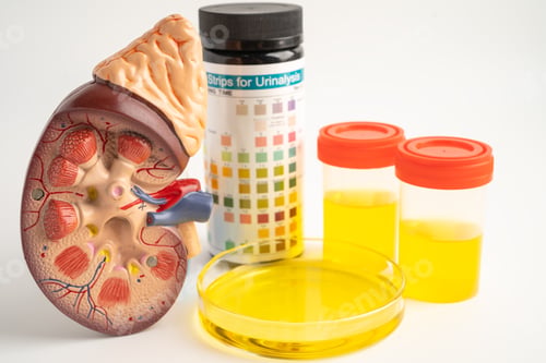 Preview: Urinalysis, Kidney model and urine cup with reagent strip pH paper test and comparison chart