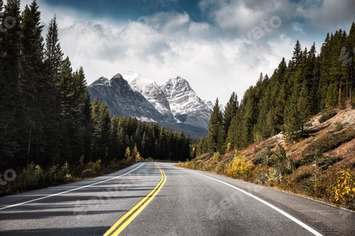 Preview: Asphalt highway and Rocky mountains in pine forest at Banff national park, Canada