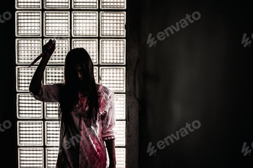 Preview: bloody hand of Ghost woman in the dark. nightmare, horror of scary fear on hell is monster devil in