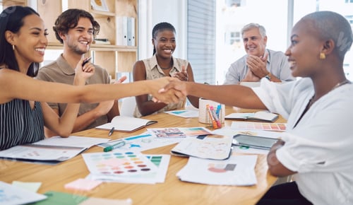 Preview: Creative business people handshake in a meeting for thank you, promotion or design innovation and s