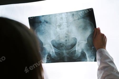 Preview: Female doctor examining pelvis x-ray in hospital office