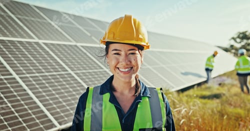 Preview: Woman, portrait and solar engineer at farm, energy saving and supervisor for panel maintenance. Fem
