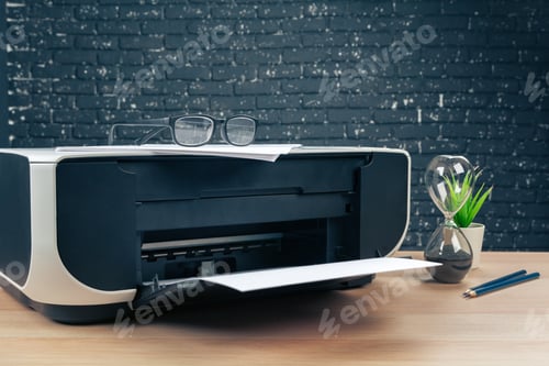 Preview: close up modern printer screen in office