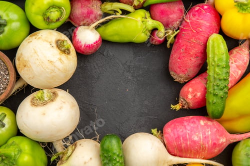 Preview: top view fresh vegetables on dark background salad healthy life food meal meal diet ripe