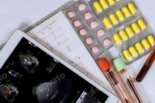 Preview: Doctor is using a digital tablet to check patient cardiac activity monitoring on an