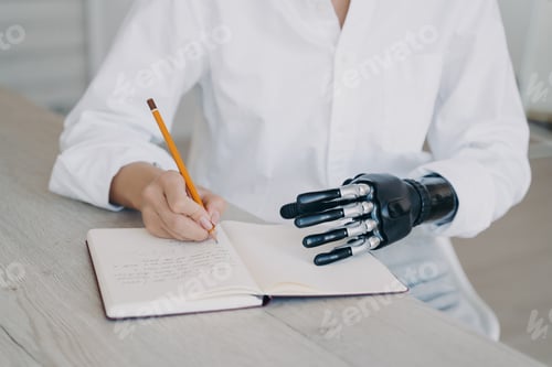 Preview: Hands of woman which is taking notes with pencil. Cyber arm and healthy limb on the notebook.