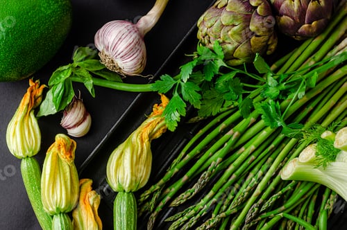 Preview: Fresh green organic vegetables on dark background. Healthy eating concept