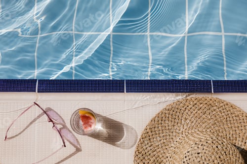 Preview: Straw hat, sunglasses and cocktail on swimming pool side. Blue sea surface with waves, texture water