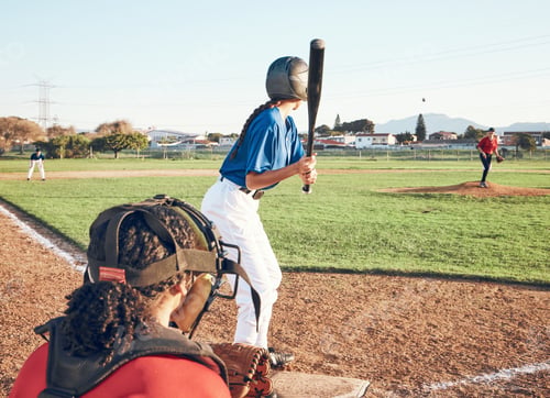 Preview: Baseball player, bat and outdoor on a pitch for sports, performance and competition. Professional a