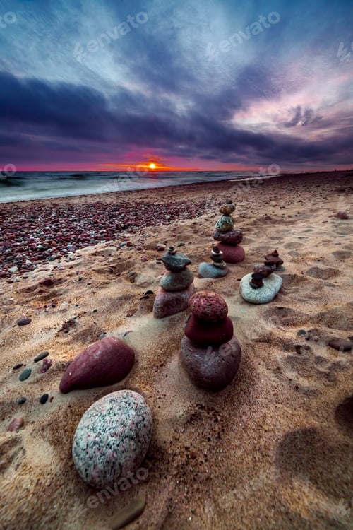 Preview: Vertical shot of a beautiful sunset with a colorful sky at the coast of Baltic Sea, Lithuania