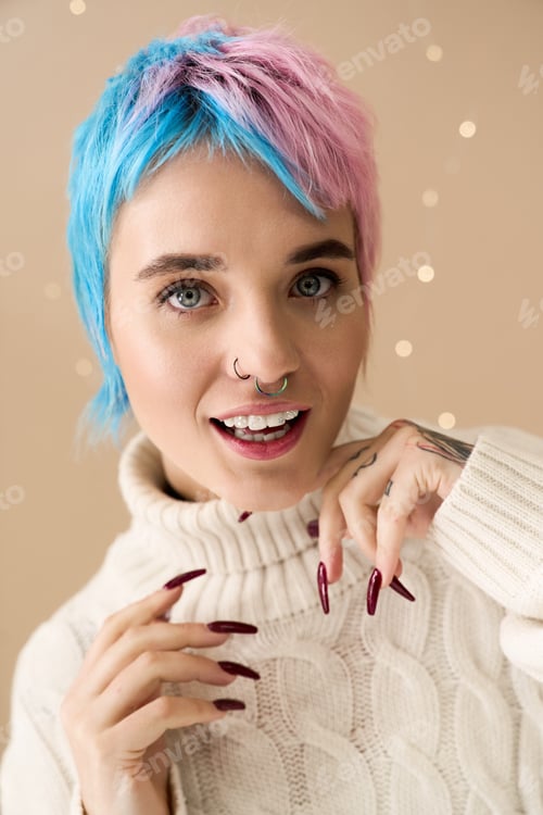 Preview: Festive winter joy captured in a vibrant smile of a young woman with colorful hair