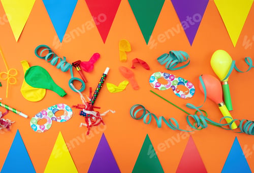 Preview: Carnival party, triangle flag, maraca, serpentine, balloon, mask on orange background. Ad template.