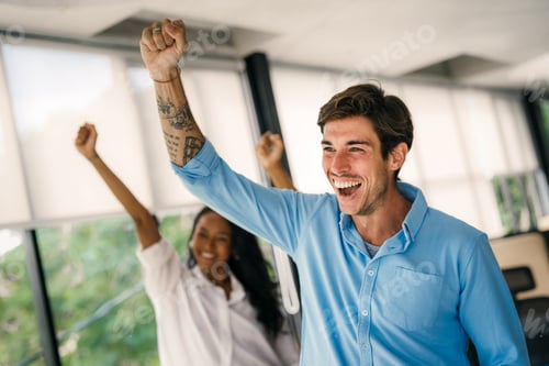 Preview: Overjoyed business team cheering, celebrating good sales result, and financial goal achieving