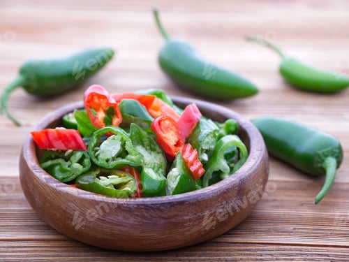 Preview: Close up of sliced peppers in a bowl.