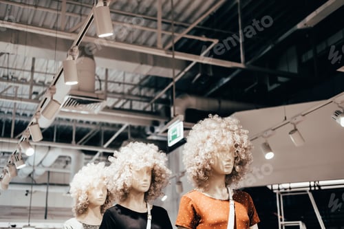 Preview: Mannequins in curly wigs stand in clothing store. Shopping, fashion and advertisement