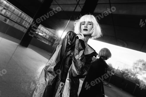 Preview: Fashion blonde in a futuristic image on a red background.