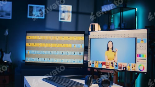 Preview: Photography organizing program displayed on monitors in multimedia agency, zoom out shot