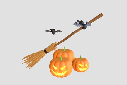Preview: Spooky 3D Broomstick with Pumpkins and Bats
