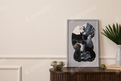 Preview: Warm and cozy composition of living room interior with personal accessories. Home decor. Template.