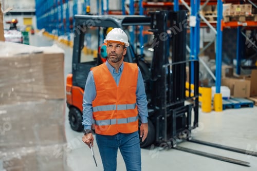 Preview: Warehouse manager walking and holding digital tablet and looking away with forklift in background