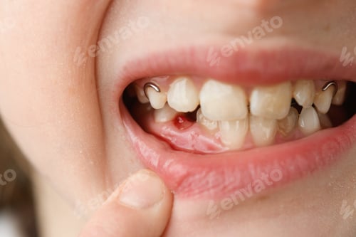 Preview: Close up shows child smile with fresh gap after baby tooth loss, small blood spot