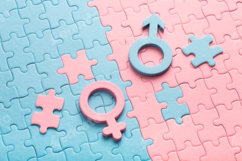 Preview: Masculine and feminine lie on puzzles. Concept of sex, couple, family. Venus symbol