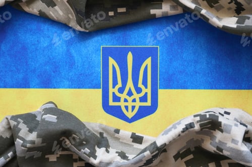 Preview: Ukrainian flag and coat of arms with fabric with texture of pixeled camouflage