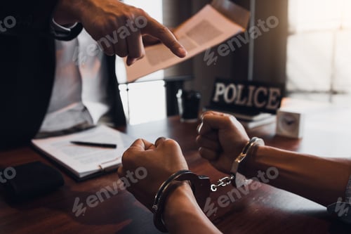 Preview: police officer pointed the handcuffs and held the documents to arrest