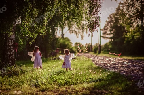 Preview: Magic children sisters with toy wings play in the meadow in nature, summer and happy childhood