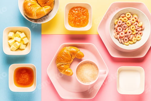 Preview: Coffee and croissants on a bright trendy background