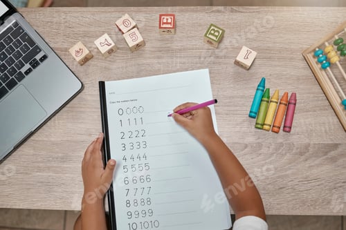 Preview: Child, hand and writing homework, math and development for growth and knowledge on table in home fr