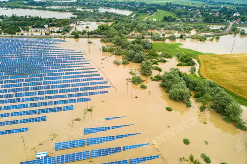 Preview: Aerial view of flooded solar power station with dirty river water in rain season